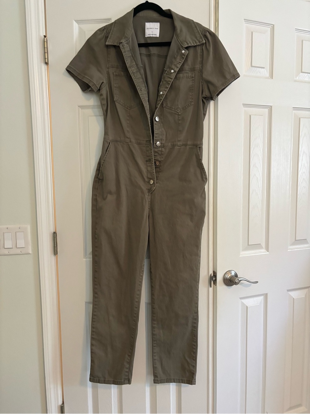 Celebrity Pink Short-Sleeve Utility Jumpsuit in Olive Green